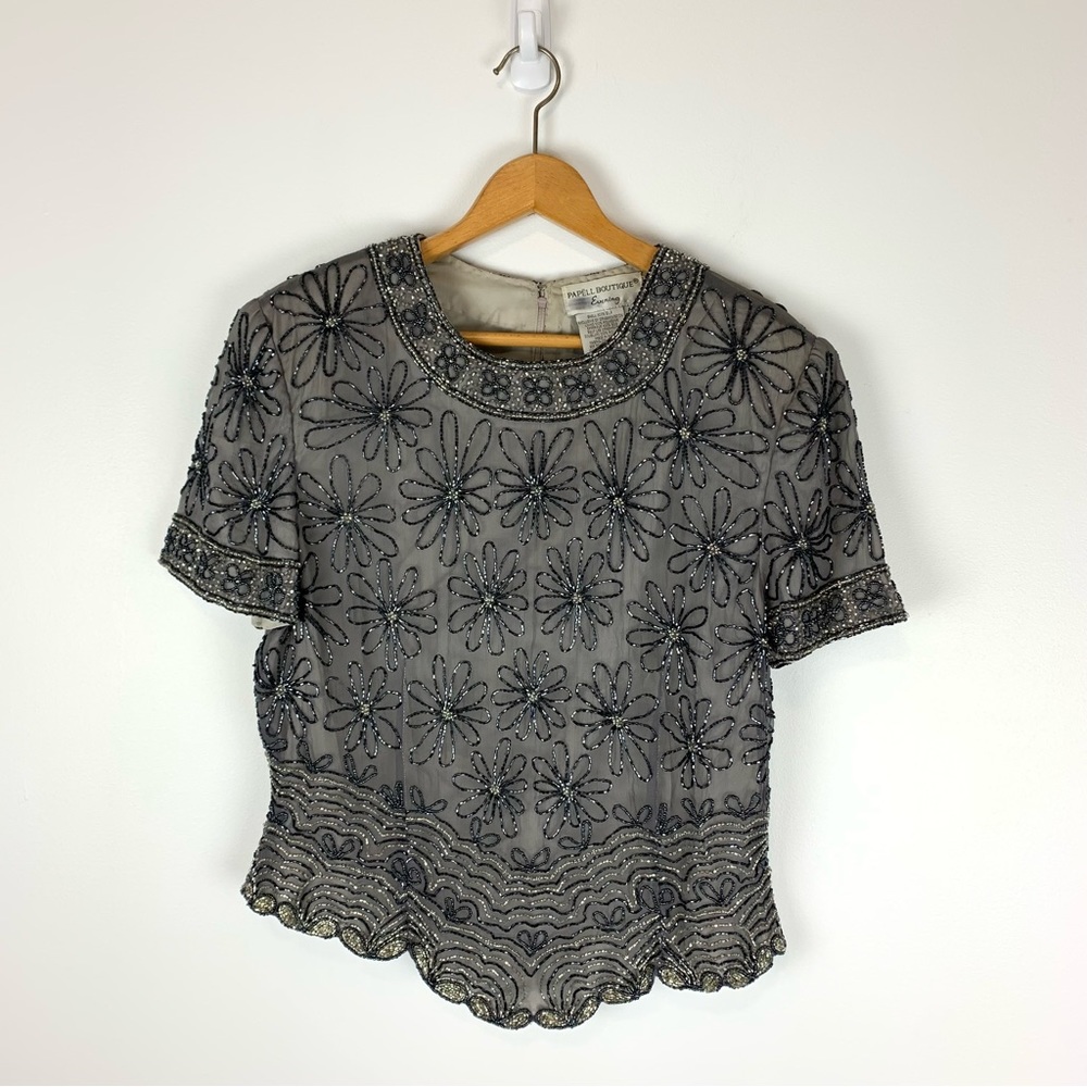 Vintage Papell Boutique Evening Silk Sequin Vintage Flower Blouse Size Large